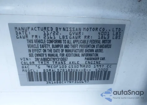 2022 Nissan Sentra Sv Xtronic Cvt z USA, uszkodzony, nr VIN 3N1AB8CV7NY310697